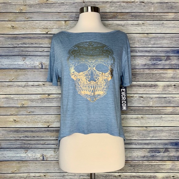 NWT EVCR Foil Skull Crop Tee, Sz Sm - Picture 2 of 10